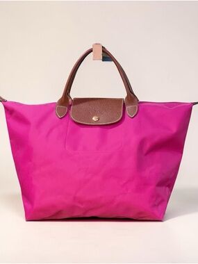 Longchamp Pink Nylon Le Pliage Tote with Brown Leather Trim